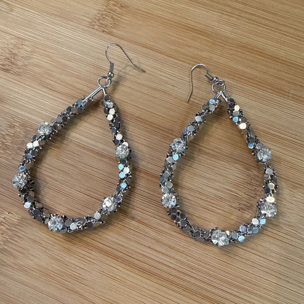 Large Teardrop Hoop Earrings Silver Rhinestone Unbranded